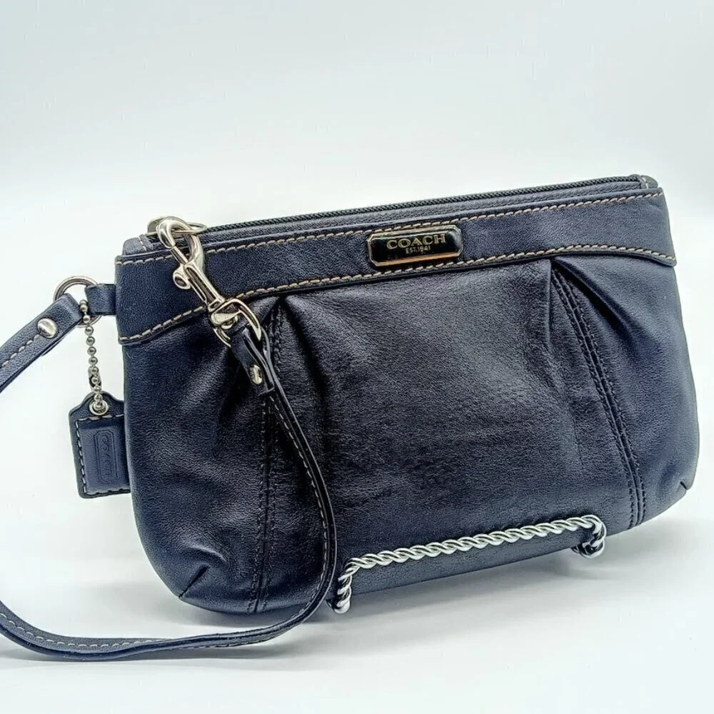 Vintage Coach Blue Black Pleated Leather Wristlet
